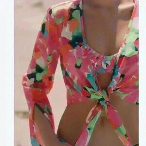 SANCTUARY Knot-Front Floral Long Sleeve Halter Top Size Small